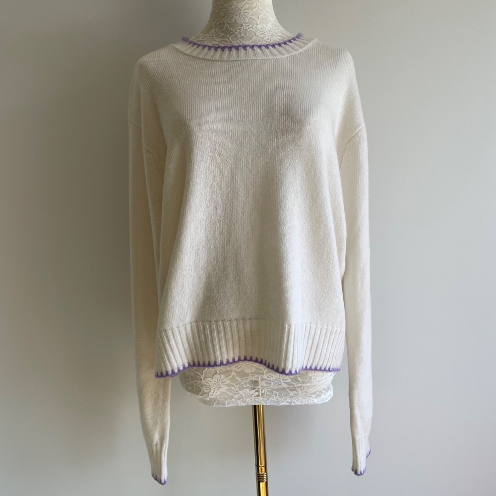Aspen‎ Cream Knit Sweater Purple Trim Crew Neck Long Sleeve Women's XL Merino